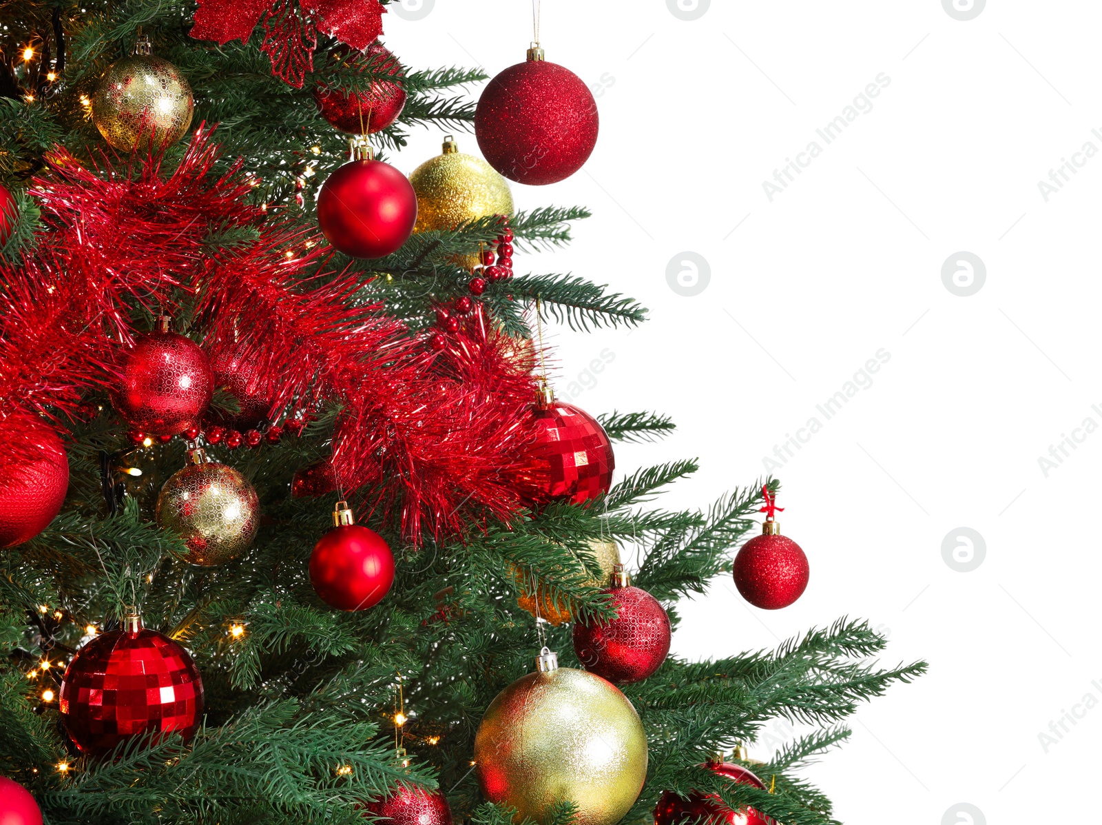 Photo of Beautiful Christmas tree decorated with ornaments and garland isolated on white