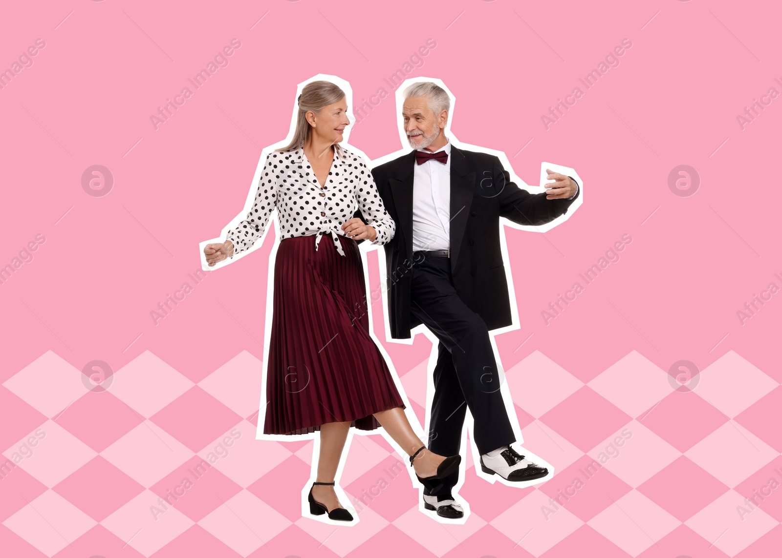 Image of Pop art poster. Couple dancing on pink background, pin up style