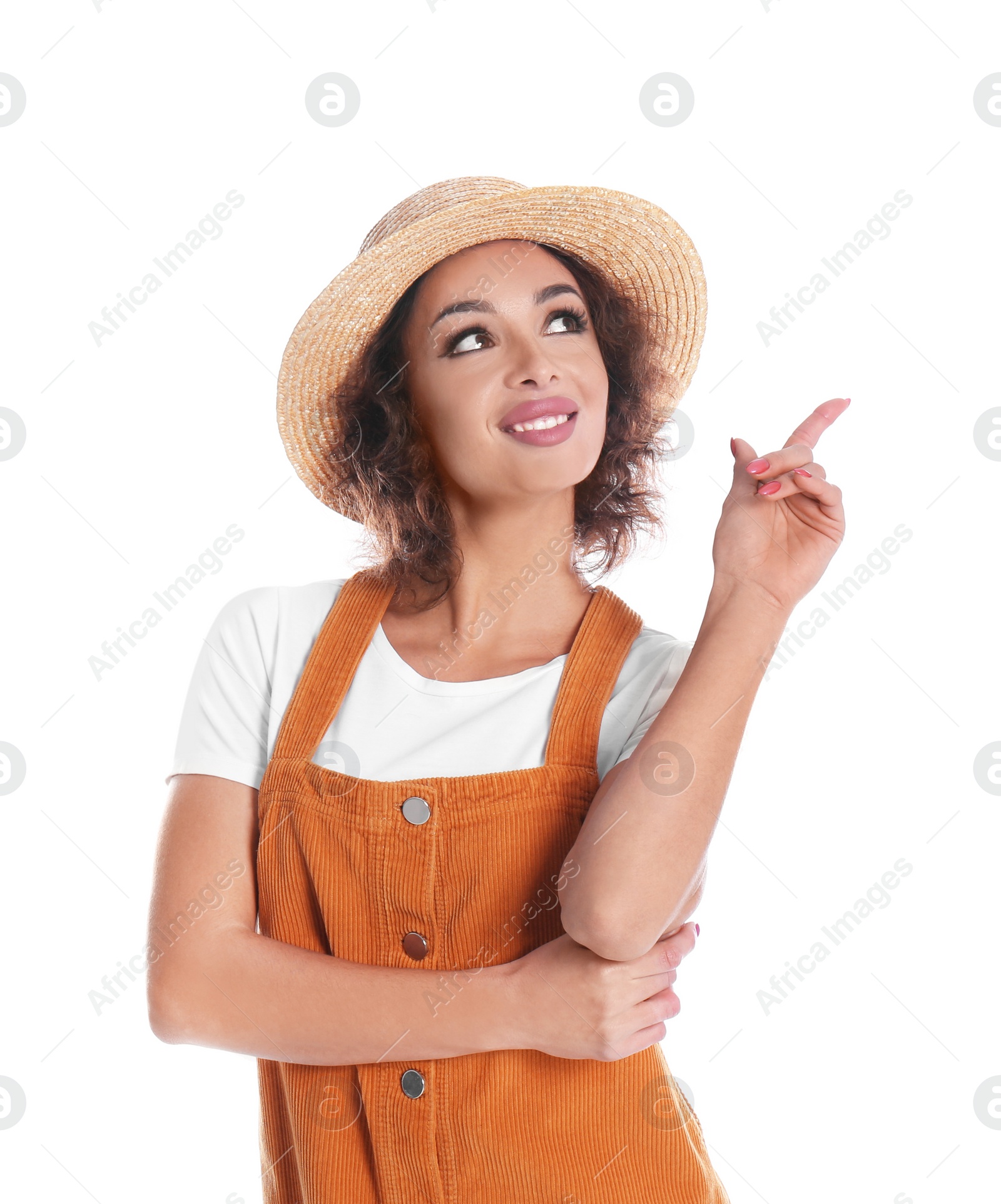 Photo of Beautiful woman in casual outfit on white background