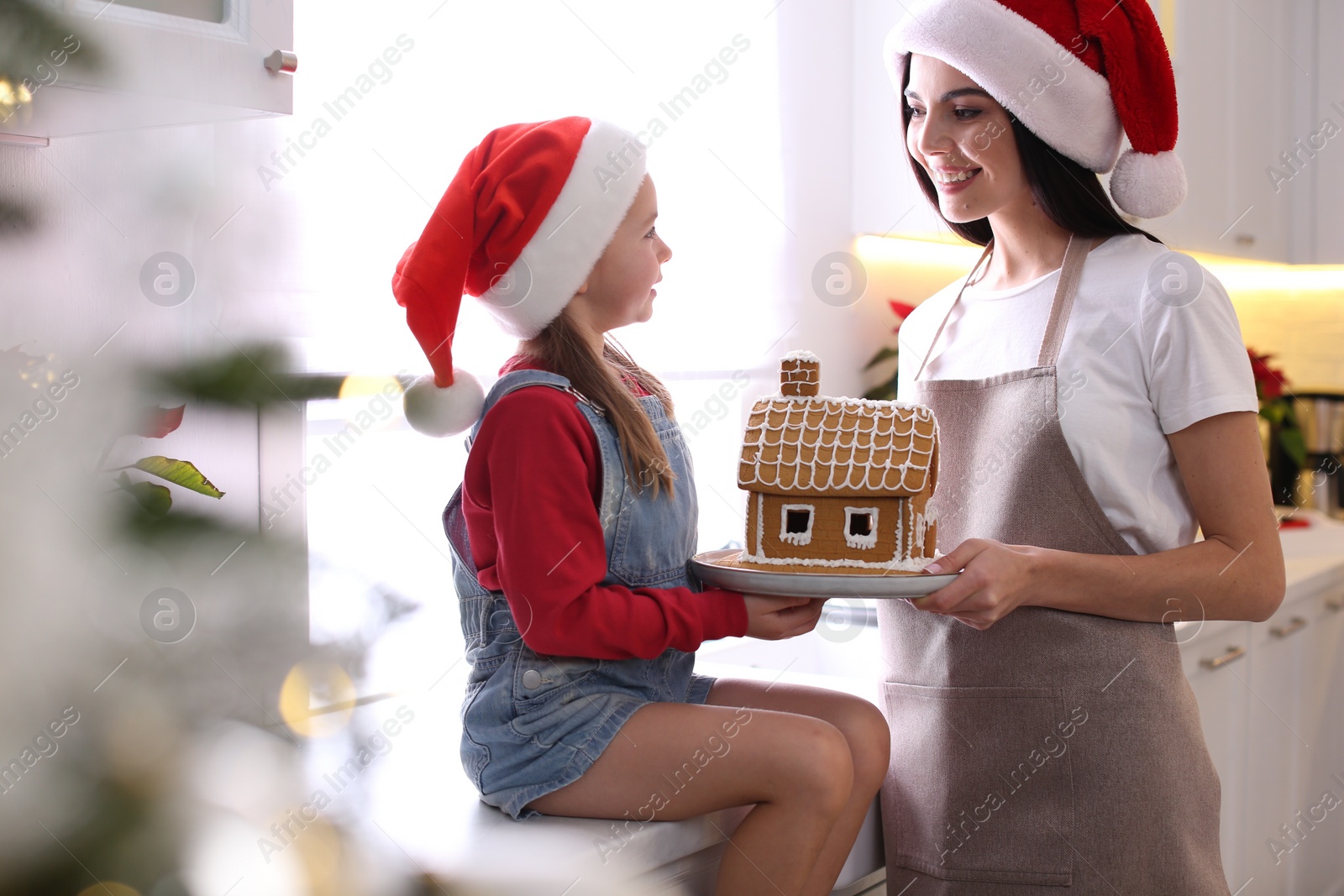 Photo of Mother and daughter with gingerbread house indoors