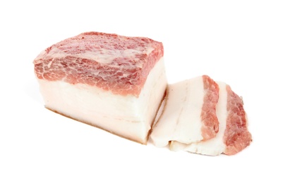 Photo of Cut pork fatback with rind isolated on white