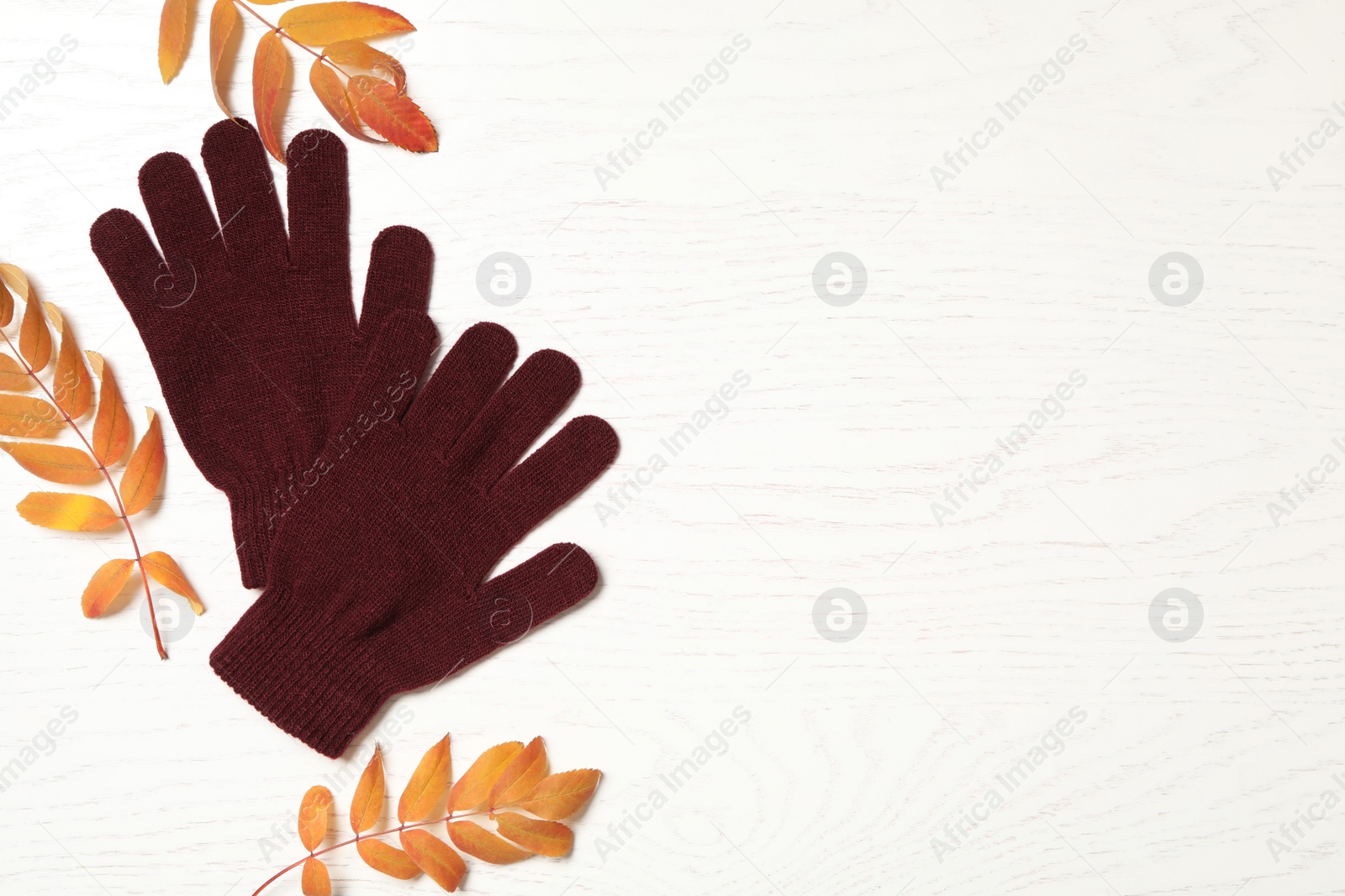 Photo of Stylish woolen gloves and dry leaves on white wooden table, flat lay. Space for text