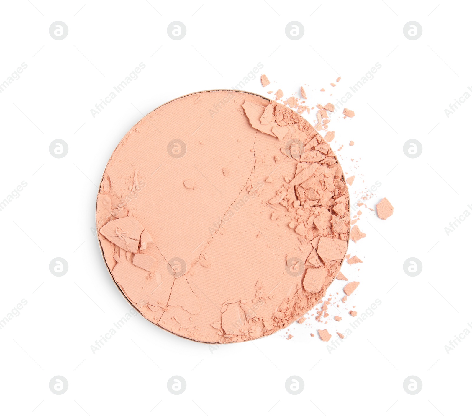 Photo of Broken face powder on white background, top view