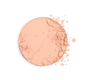 Broken face powder on white background, top view