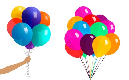 Illustration of Set with woman holding of colorful balloons and bunch of colorful balloons on white background