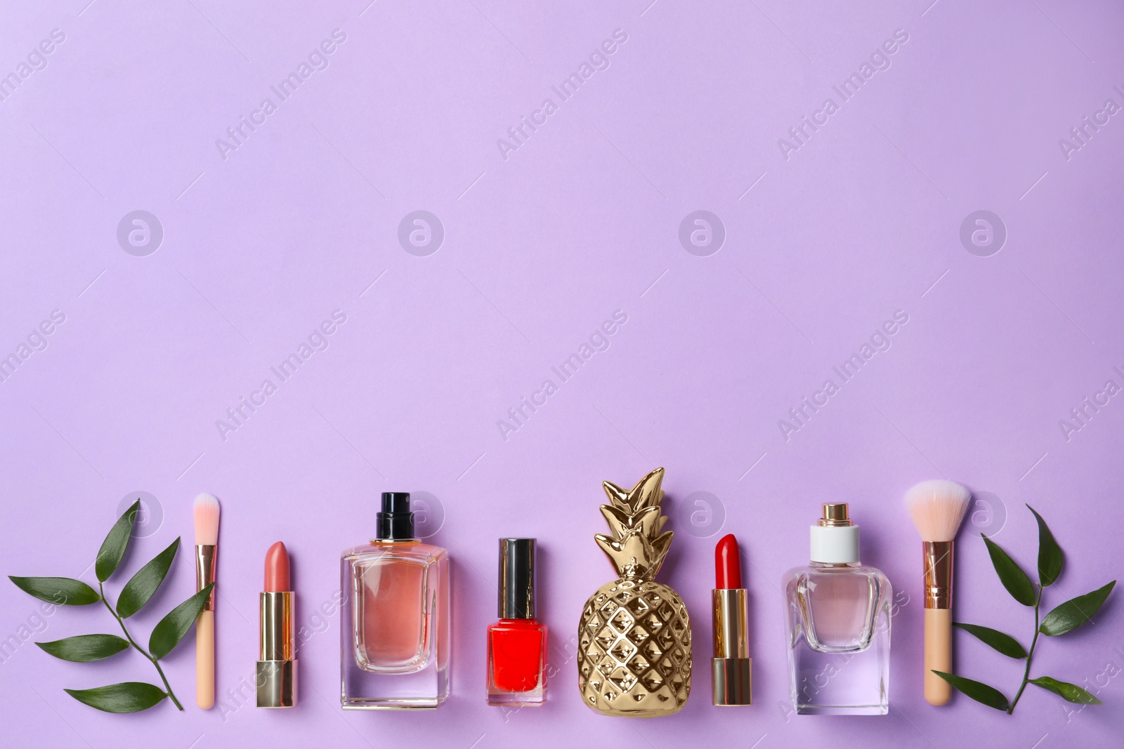 Photo of Flat lay composition with cosmetic products on color background