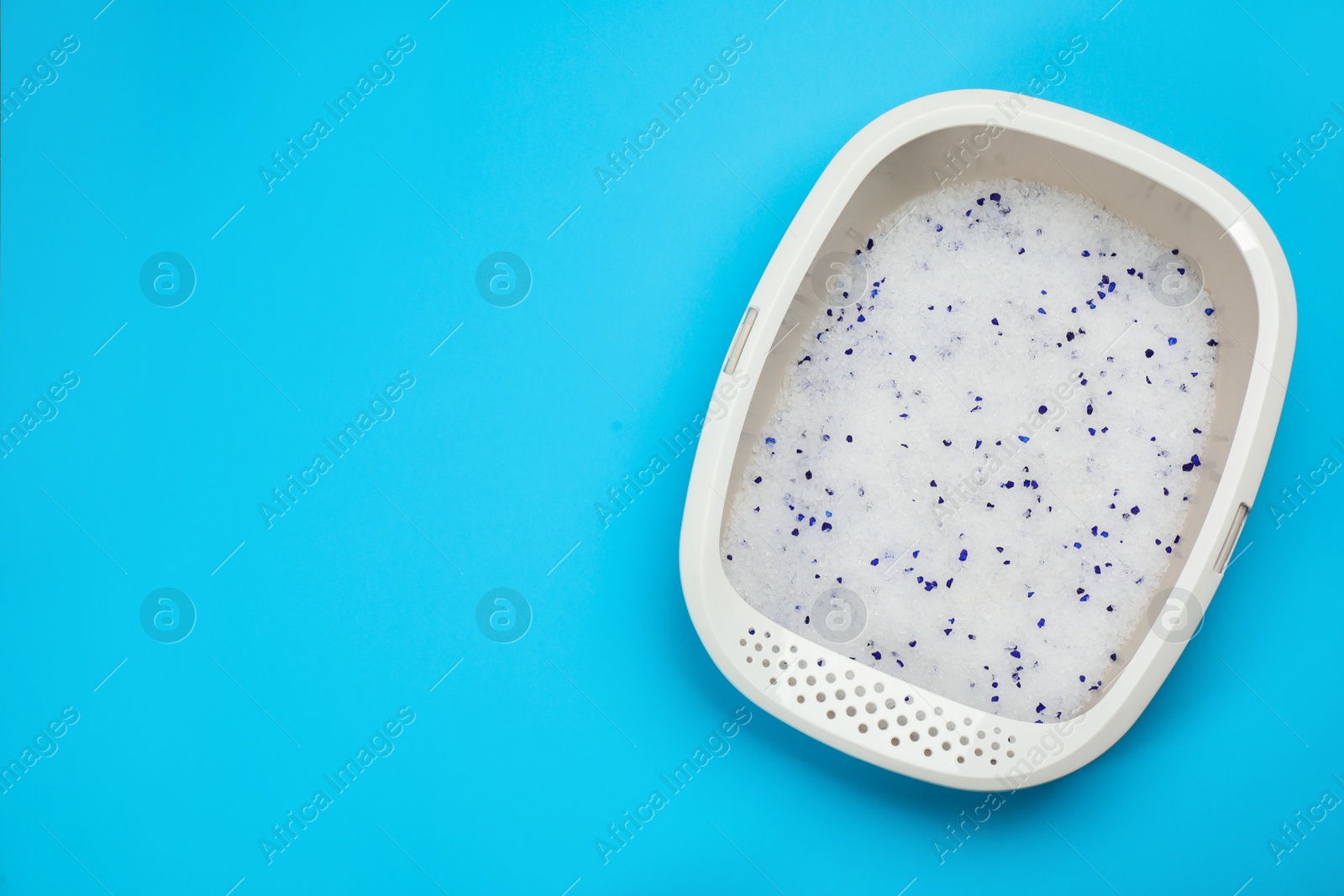 Photo of Cat litter tray with filler on light blue background, top view. Space for text