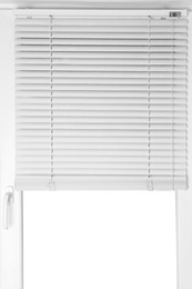 Modern window with half-closed stylish white blinds