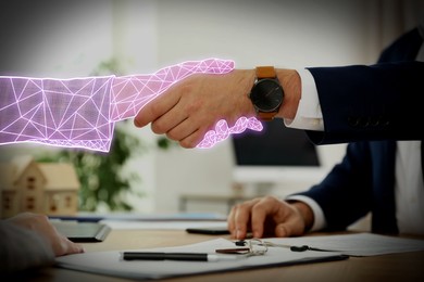 Image of Businessman shaking hands with virtual partner indoors, closeup. Illustration of digital hand