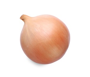 Photo of Fresh ripe onion bulb isolated on white, top view