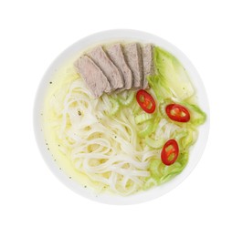 Photo of Bowl of delicious rice noodle soup with celery and meat isolated on white, top view
