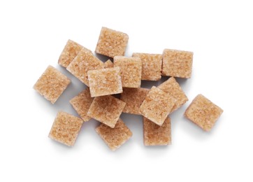 Photo of Brown sugar cubes isolated on white, top view