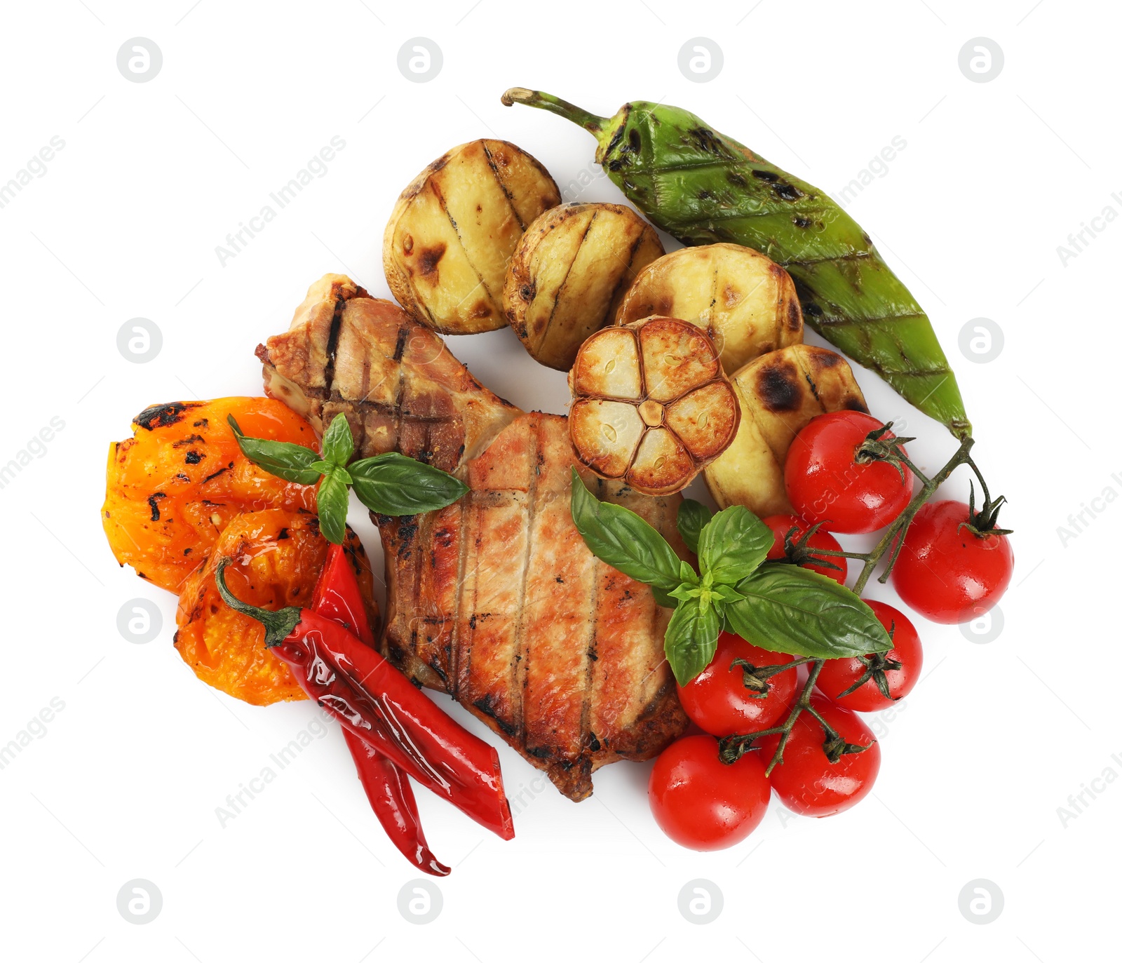 Photo of Tasty grilled vegetables, meat, fresh cherry tomatoes and basil isolated on white, top view