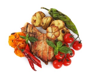 Photo of Tasty grilled vegetables, meat, fresh cherry tomatoes and basil isolated on white, top view