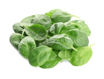 Pile of fresh green healthy baby spinach leaves on white background