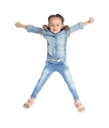 Photo of Full length portrait of cute little girl on white background