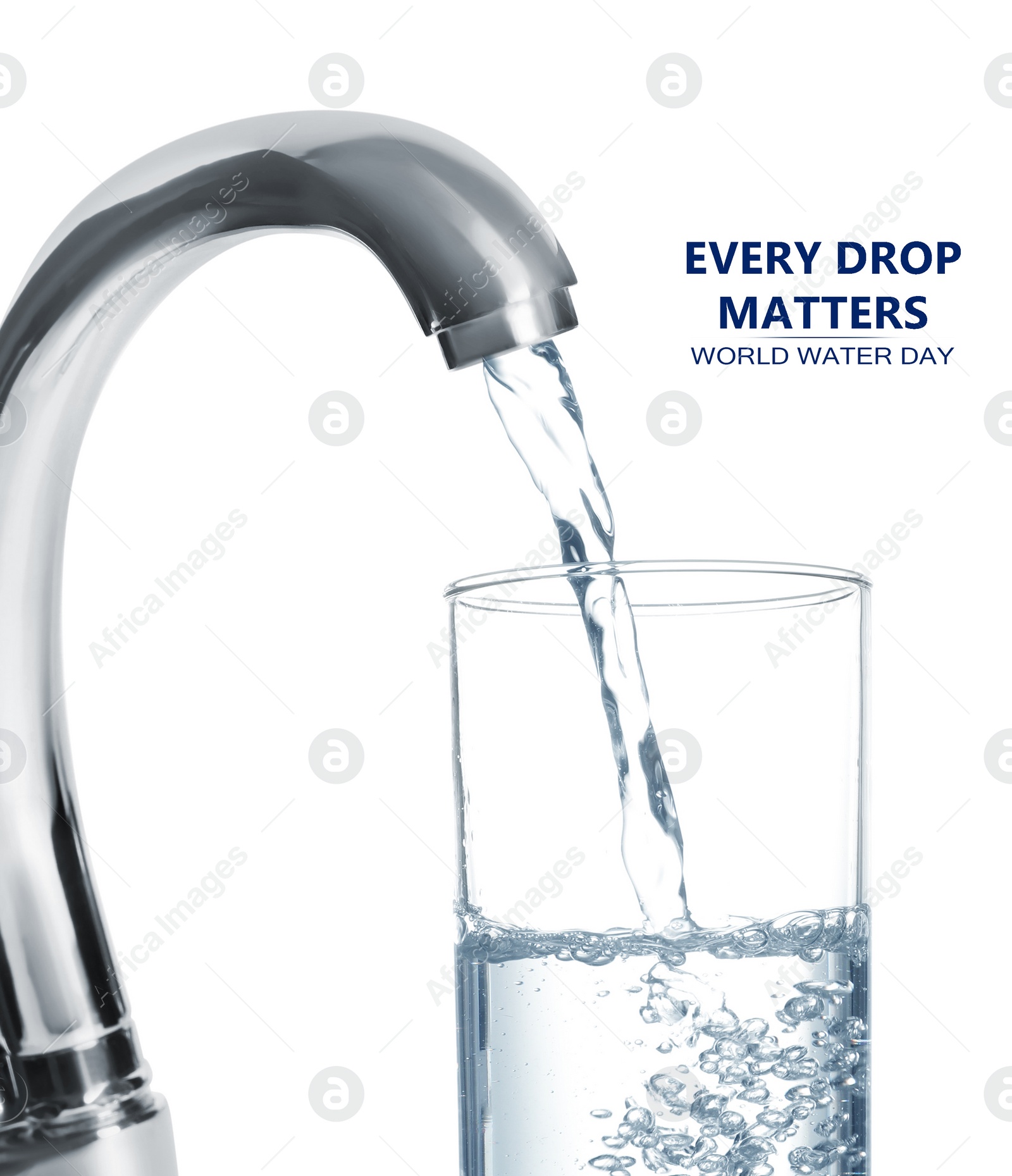 Image of Every drop matters. Filling glass with water from tap on white background