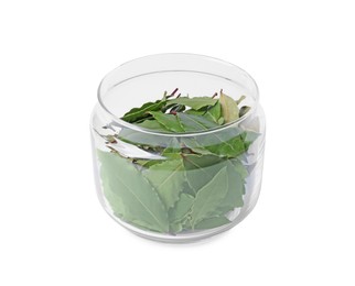 Photo of Glass container with bay leaves on white background