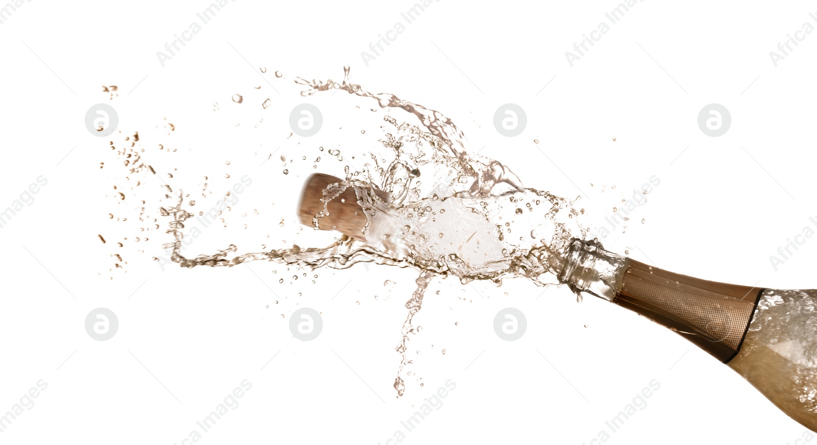 Image of Sparkling wine splashing out of bottle on white background