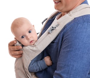 Father holding his child in baby carrier on white background, closeup