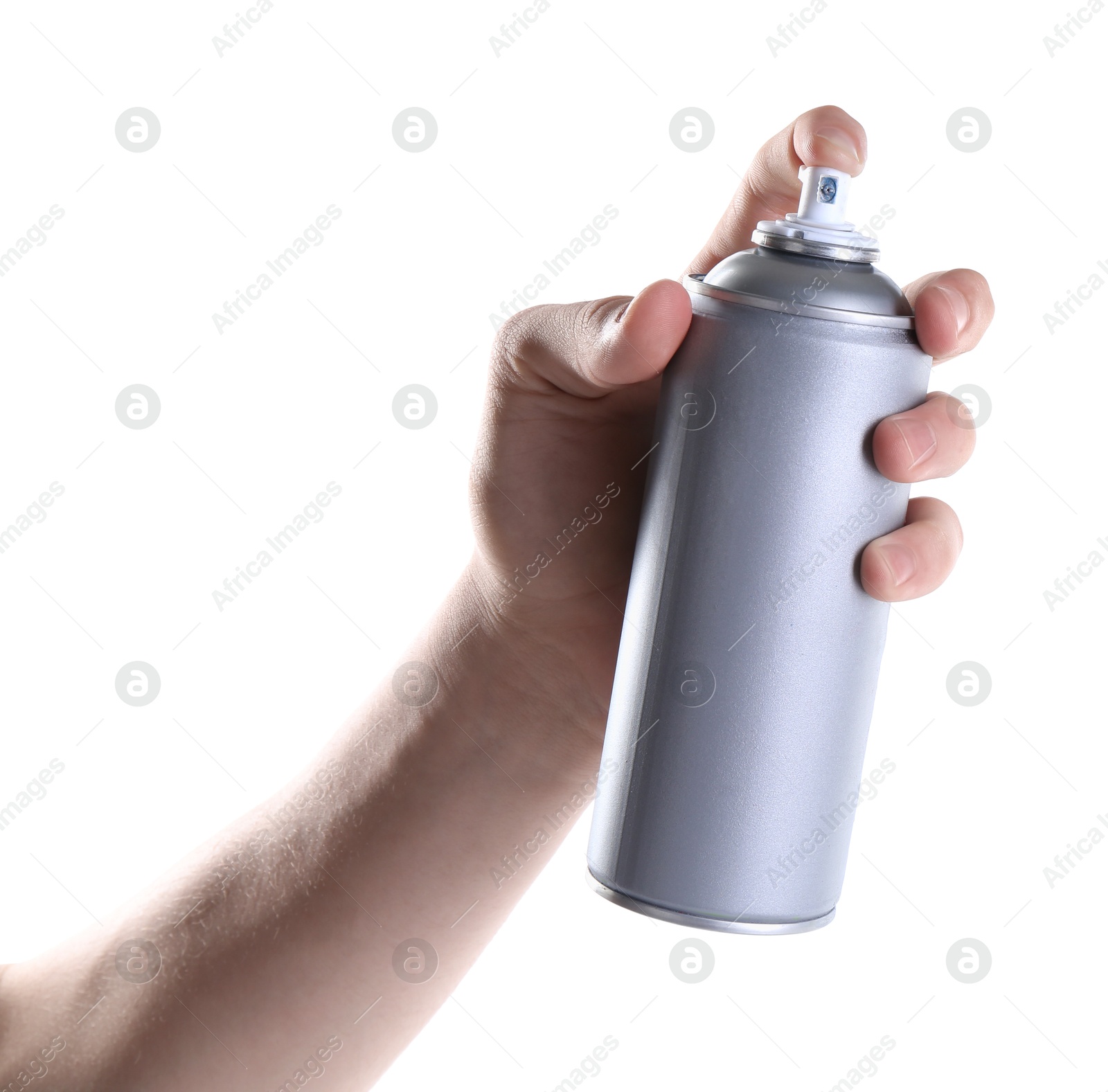 Photo of Man with can of spray paint on white background, closeup