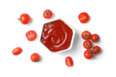 Composition with tasty homemade tomato sauce on white background, top view