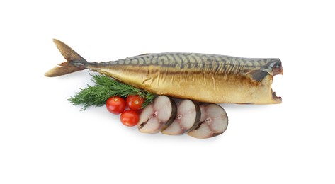 Photo of Delicious smoked mackerels with tomatoes and dill on white background, top view