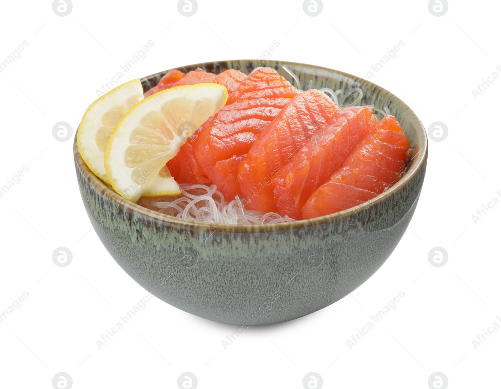 Photo of Delicious salmon sashimi served with funchosa and lemon isolated on white