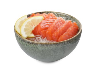 Photo of Delicious salmon sashimi served with funchosa and lemon isolated on white