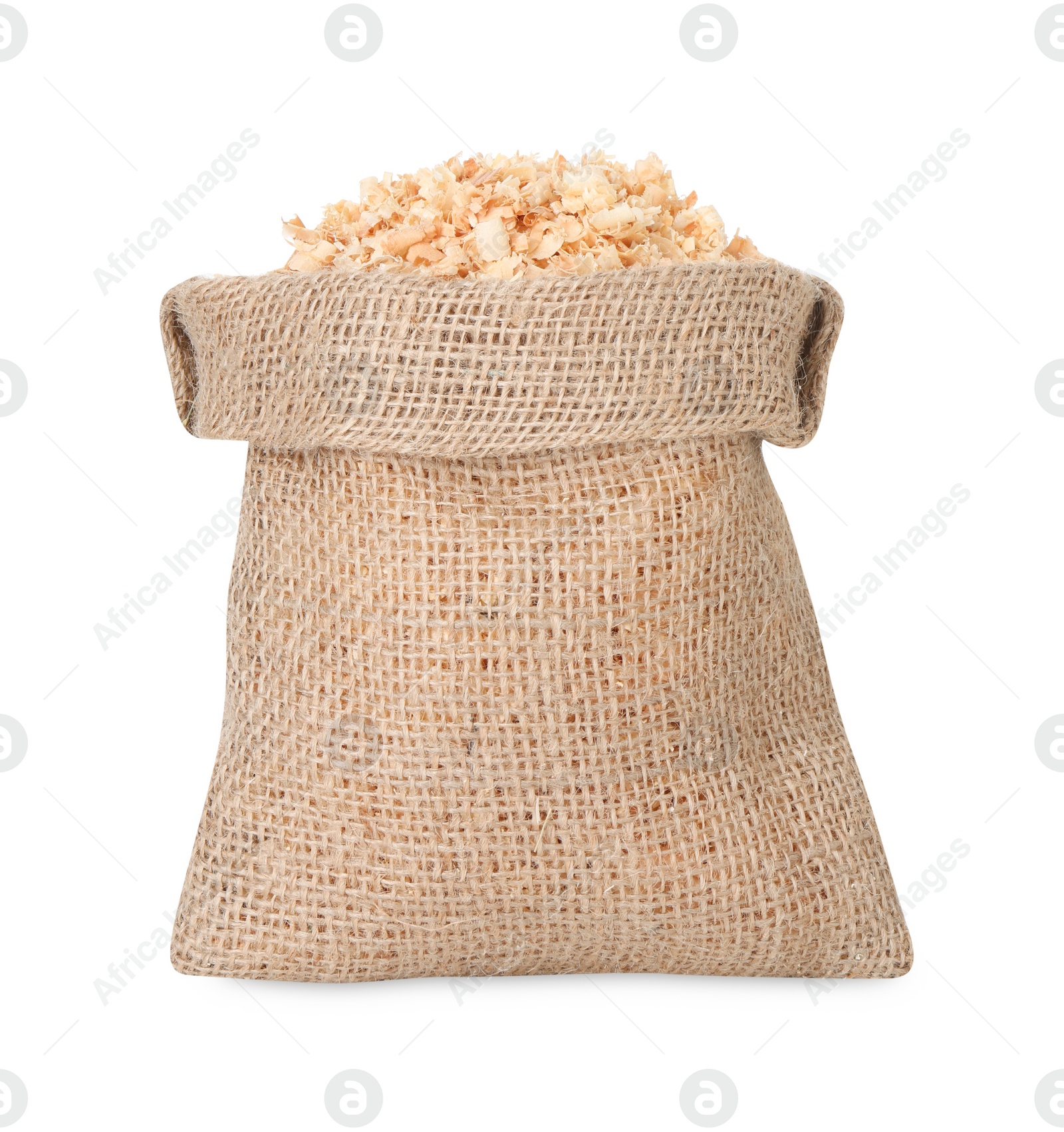 Photo of Natural sawdust in burlap sack isolated on white