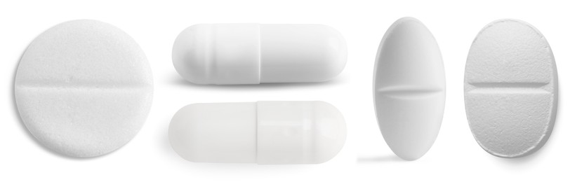 Image of Set of different pills isolated on white