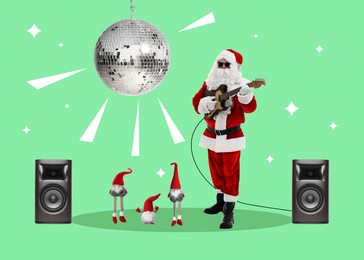 Image of Winter holidays bright artwork. Santa Claus playing guitar, elves dancing against color background, creative collage