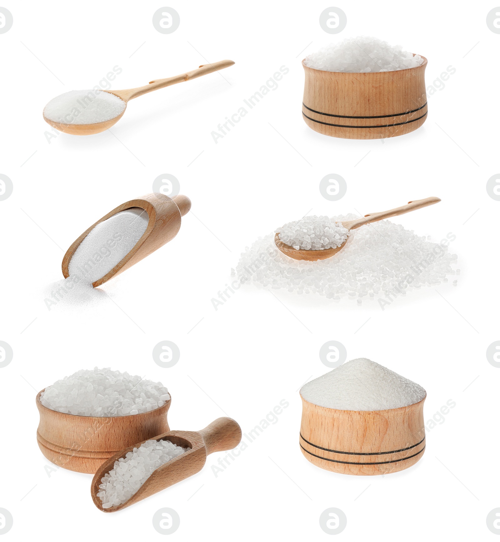 Image of Collage with salt in wooden bowls, spoons and scoops on white background