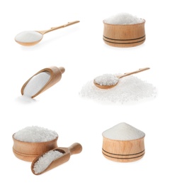 Image of Collage with salt in wooden bowls, spoons and scoops on white background