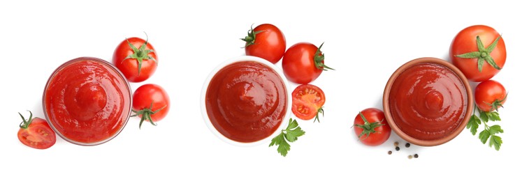 Collage of tasty ketchup in different bowls, fresh tomatoes and spices isolated on white, top view. Red sauce