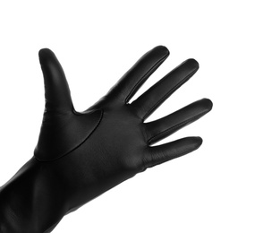 Woman wearing black leather glove on white background, closeup