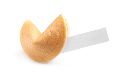 Traditional fortune cookie with prediction on white background