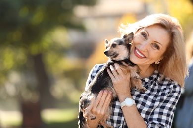 Beautiful mature woman with cute dog in park