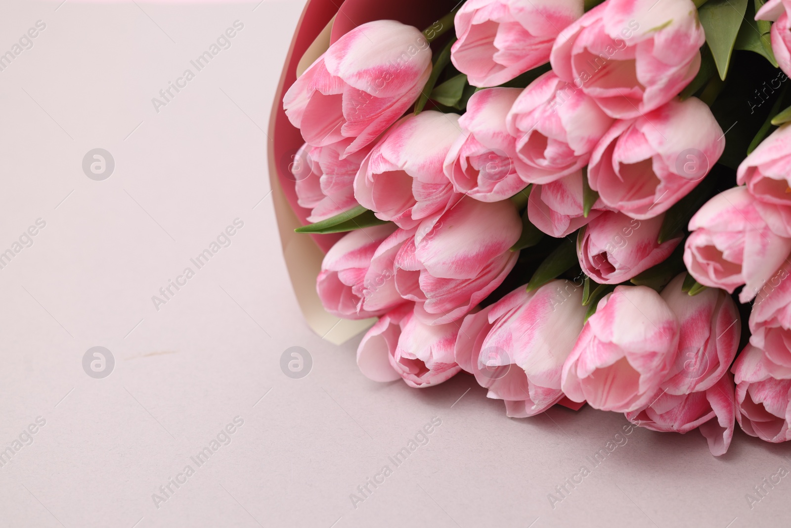 Photo of Beautiful bouquet of fresh pink tulips on light background, closeup. Space for text