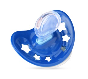 Photo of One blue baby pacifier isolated on white