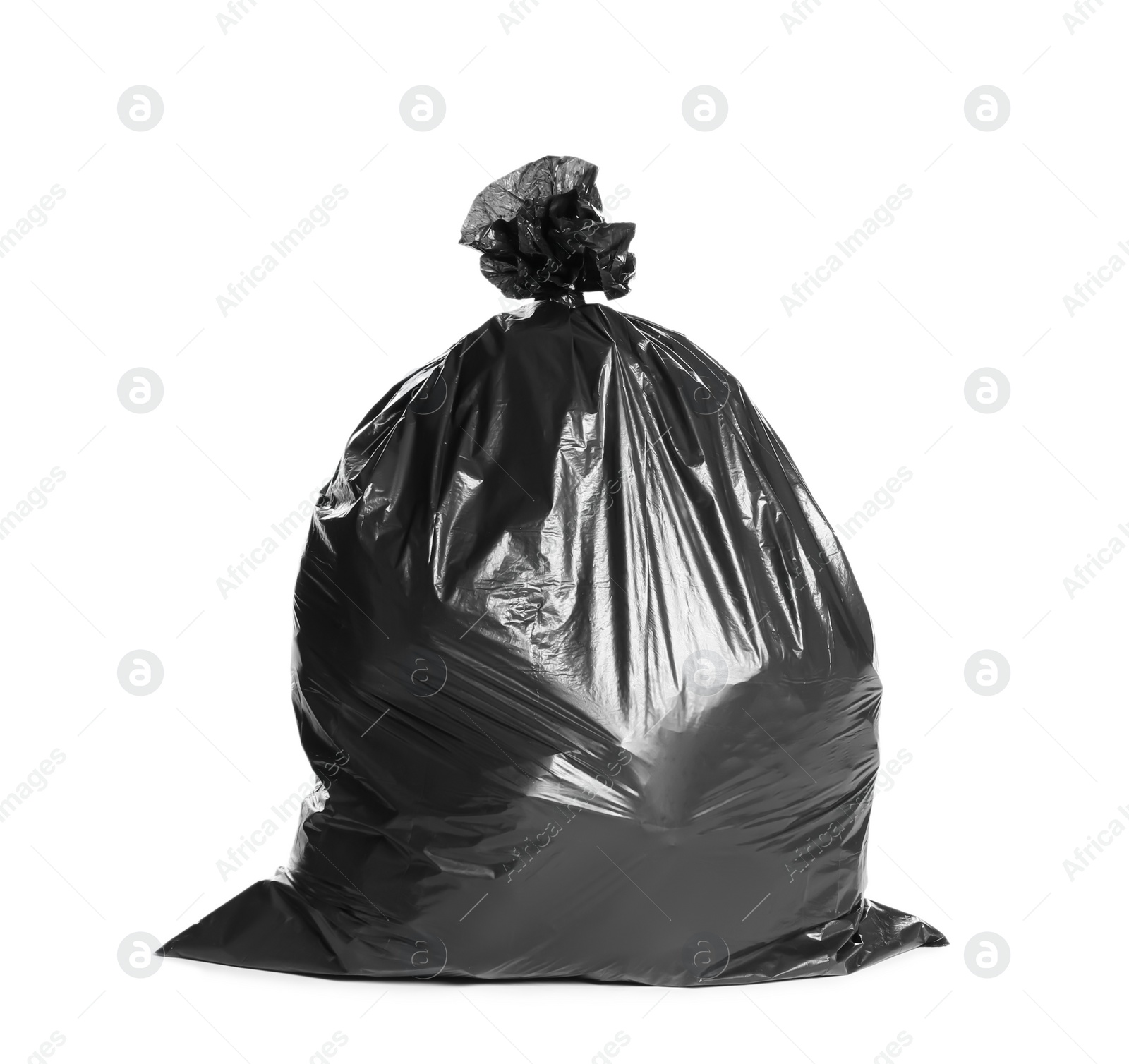 Photo of Black trash bag filled with garbage isolated on white