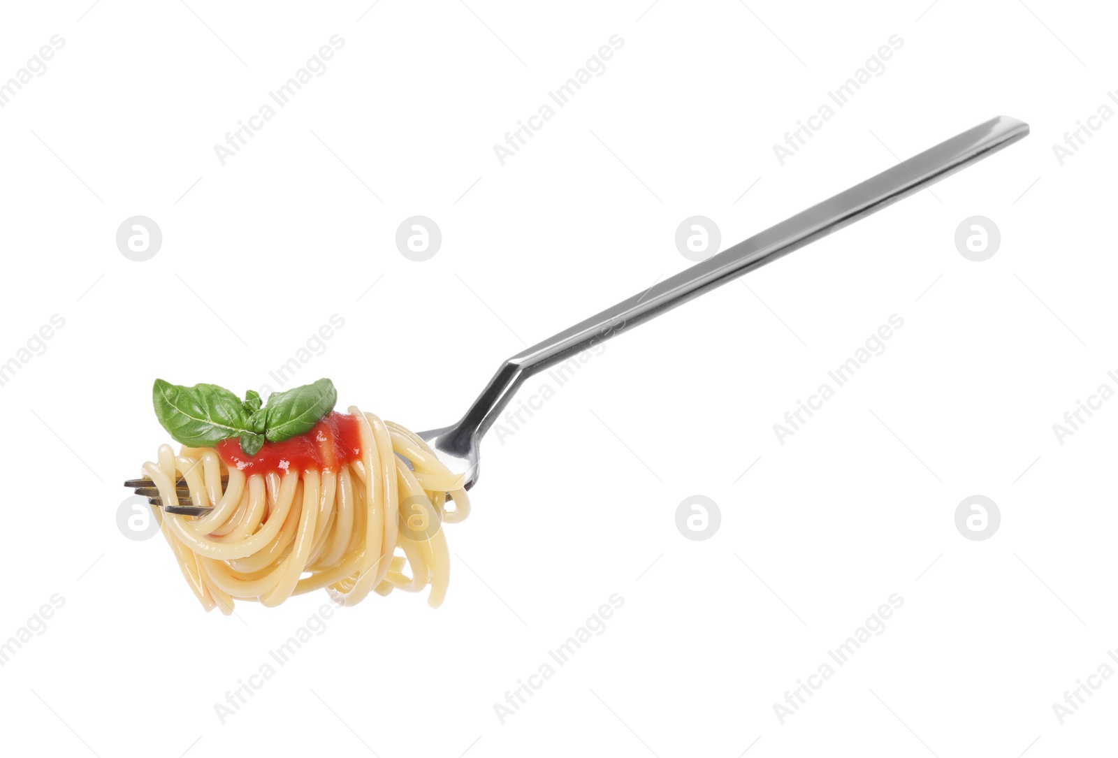 Photo of Fork with tasty pasta, basil and tomato sauce isolated on white