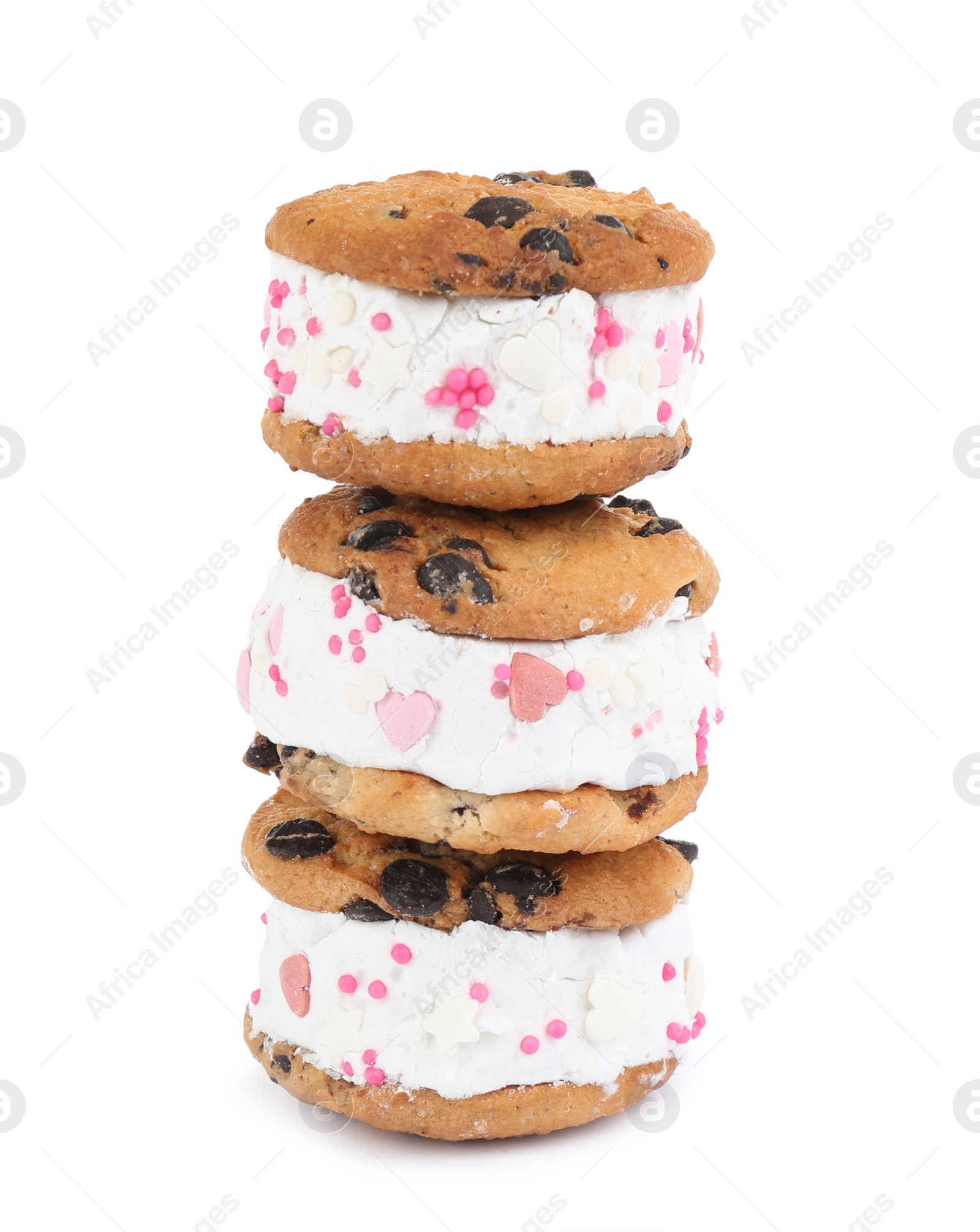 Photo of Sweet delicious ice cream cookie sandwiches isolated on white