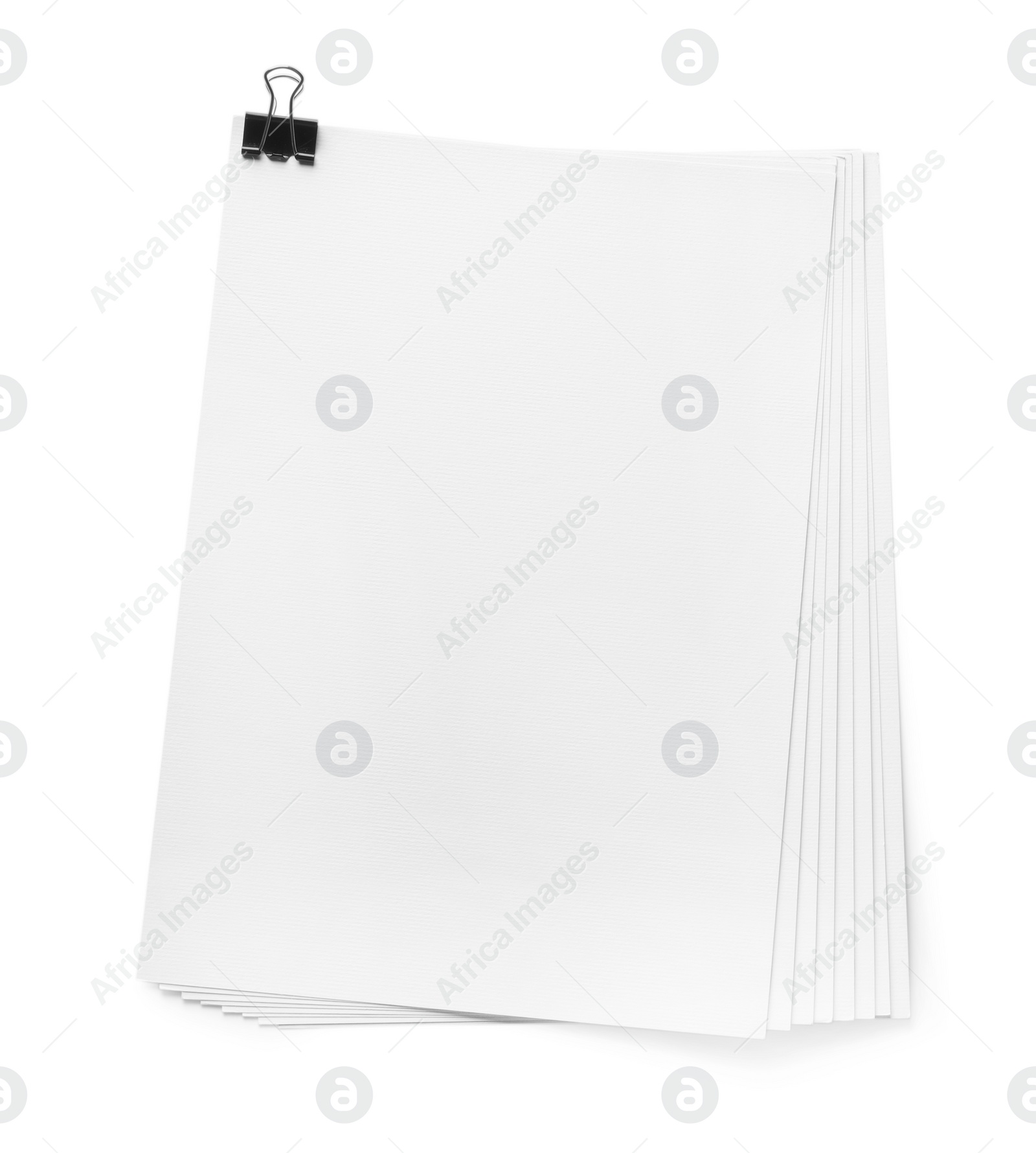 Photo of Stack of paper sheets with binder clip on white background, top view