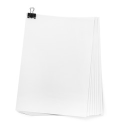 Stack of paper sheets with binder clip on white background, top view