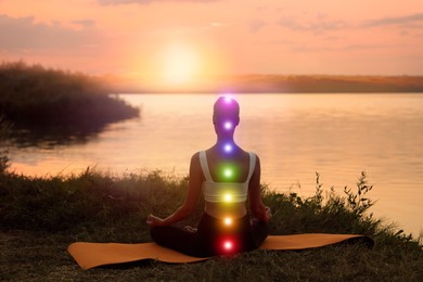Image of Woman meditating near river in twilight, back view. Scheme of seven chakras, illustration