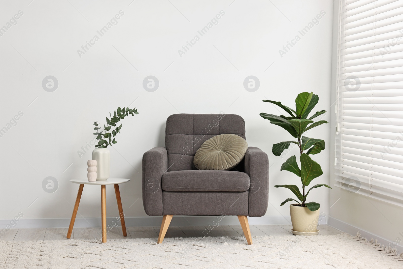 Photo of Comfortable armchair, pillow, side table and green houseplants indoors