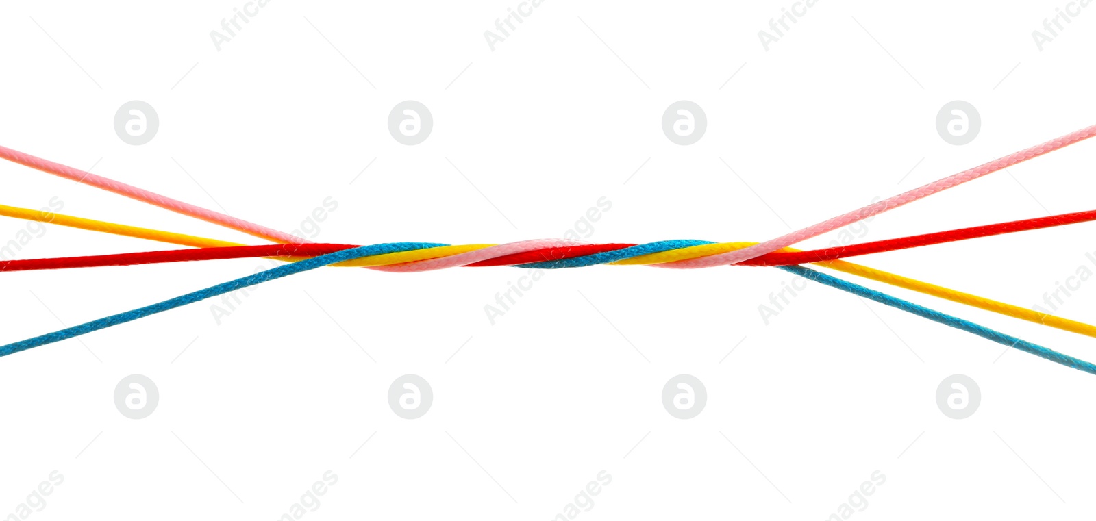 Photo of Twisted colorful ropes on white background. Unity concept