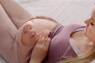 Double exposure of pregnant woman and cute baby