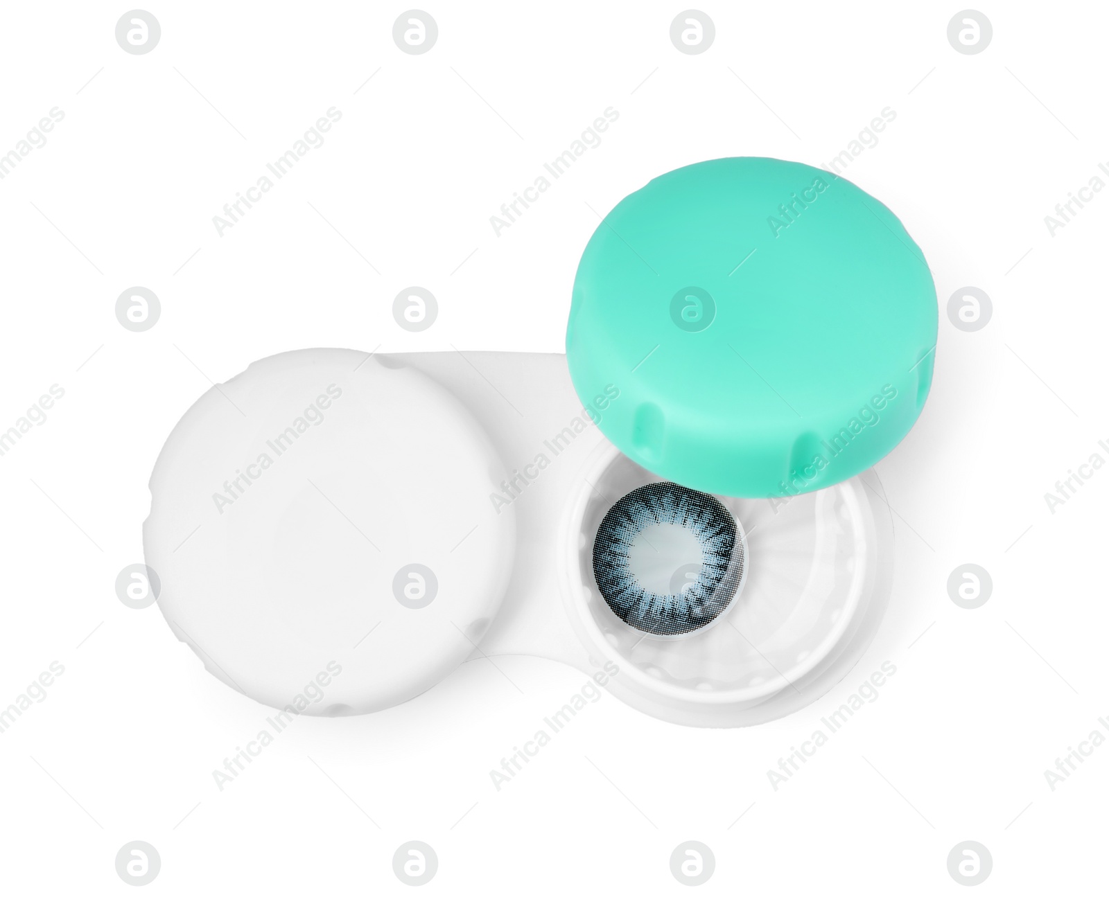 Photo of Case with blue contact lenses isolated on white, top view